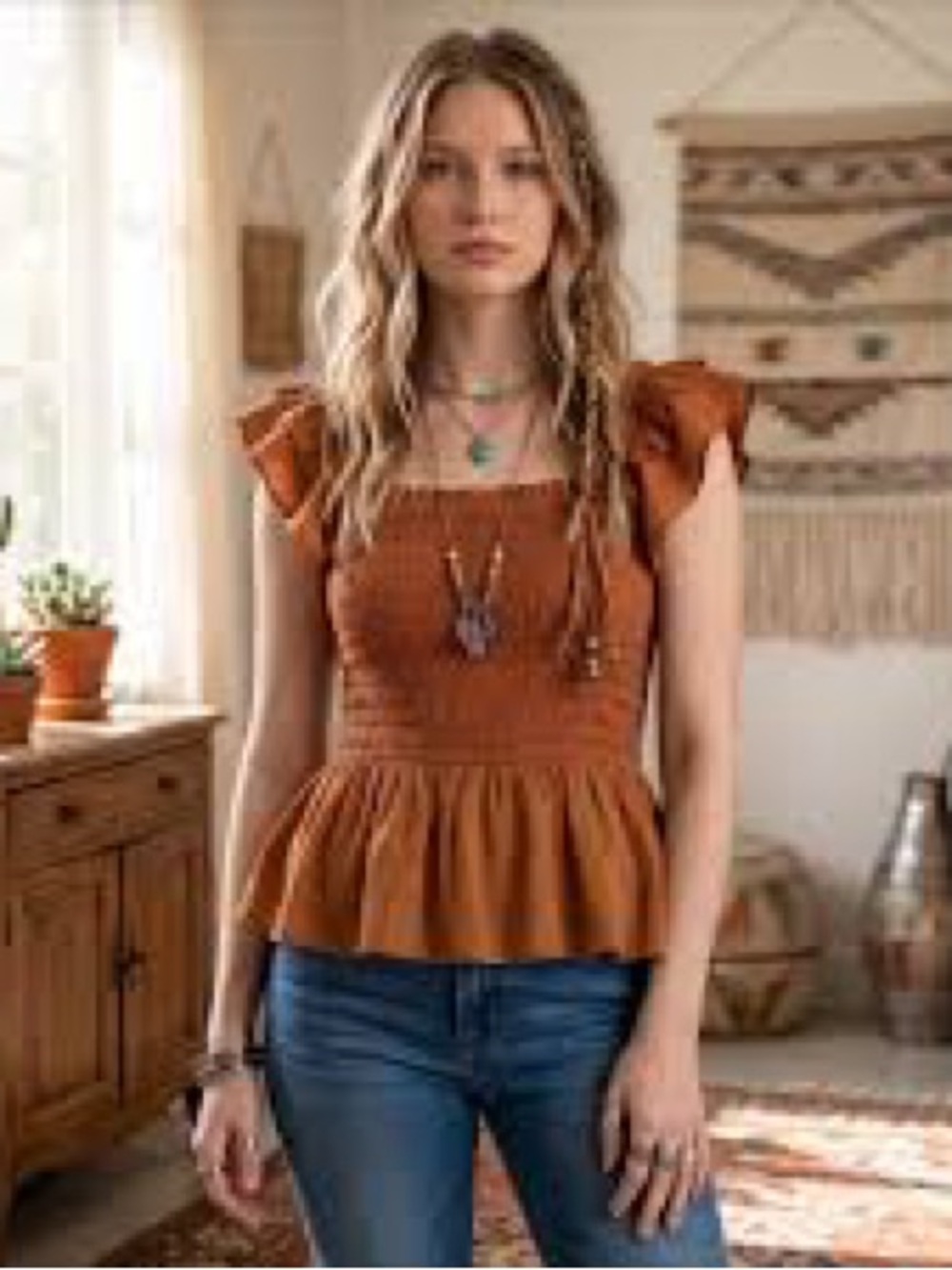 Nanette Lepore Smocked Peplum Flutter-Sleeve Top - Rust